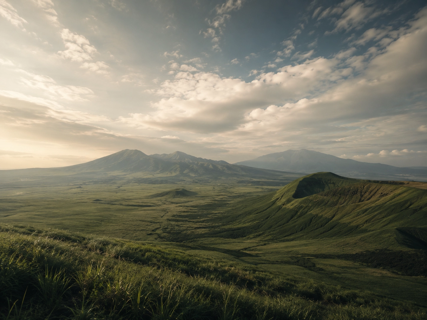 阿蘇の雄大な草原と山々の風景