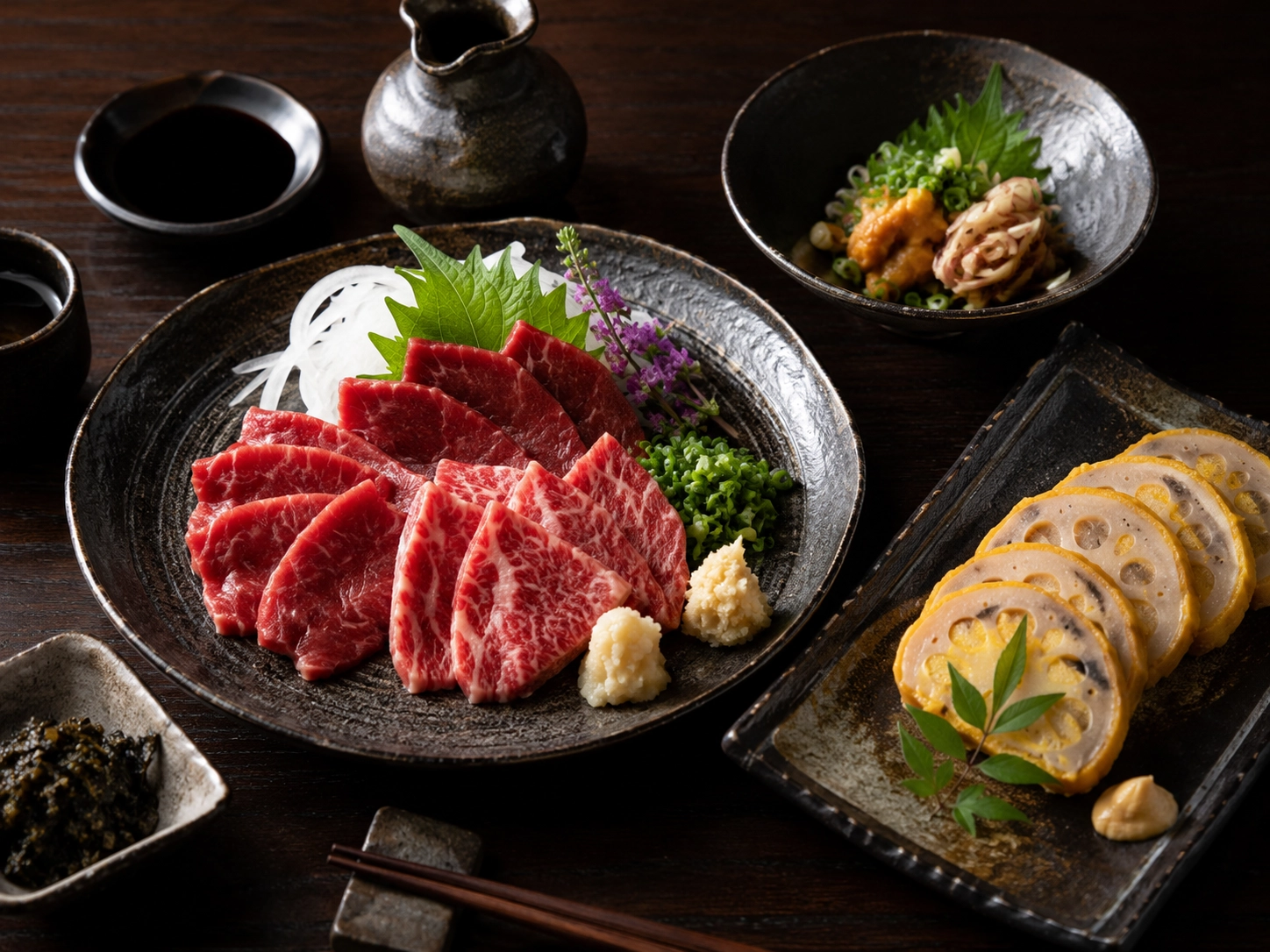 馬刺しや辛子蓮根など熊本の郷土料理が並ぶ食卓