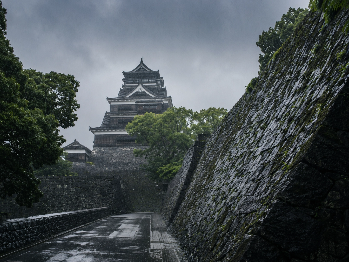 雨に濡れる熊本城としっとりとした石垣の風景