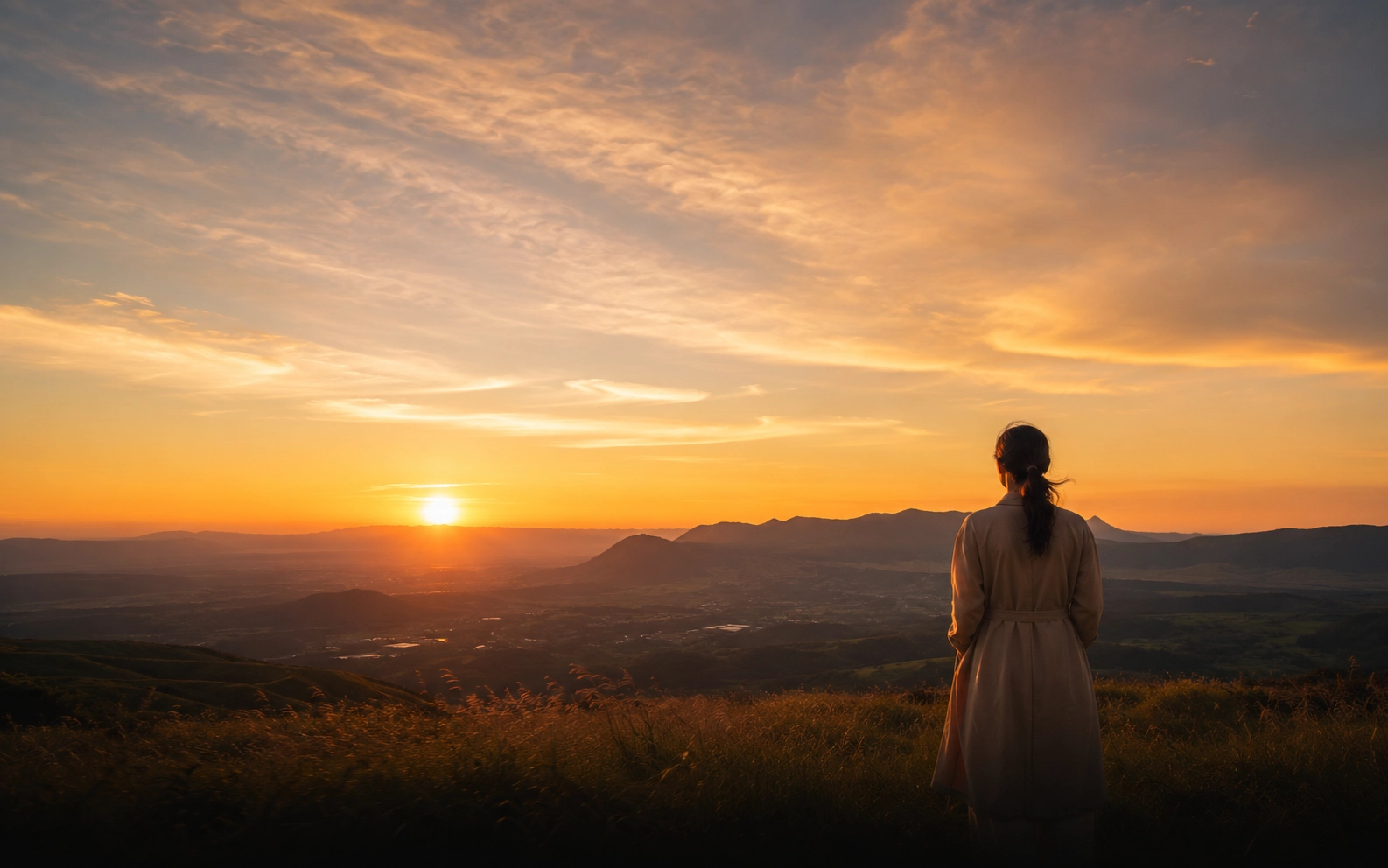 阿蘇の夕景を眺める女性の後ろ姿、CTA背景